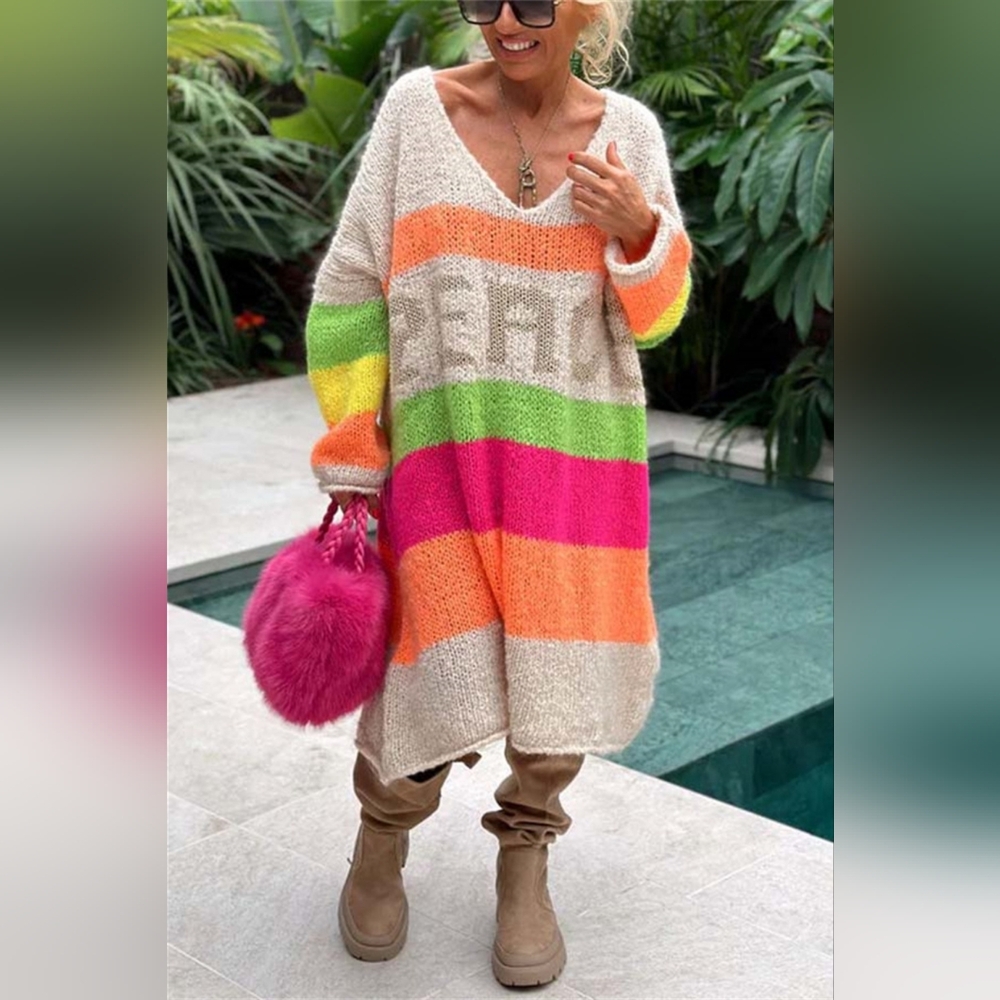 Oversized V-Neck Long Sleeve Colorblock Knit Dress - Neon Stripe